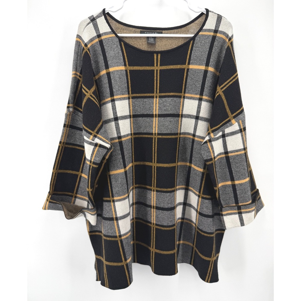 Tahari Plaid Knit Tunic Black Yellow Oversized Scoop Neck Drop Shoulder Women 3X